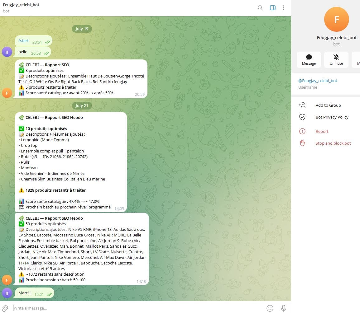 Celebi — rapport SEO hebdomadaire avec changelog, via Telegram.
