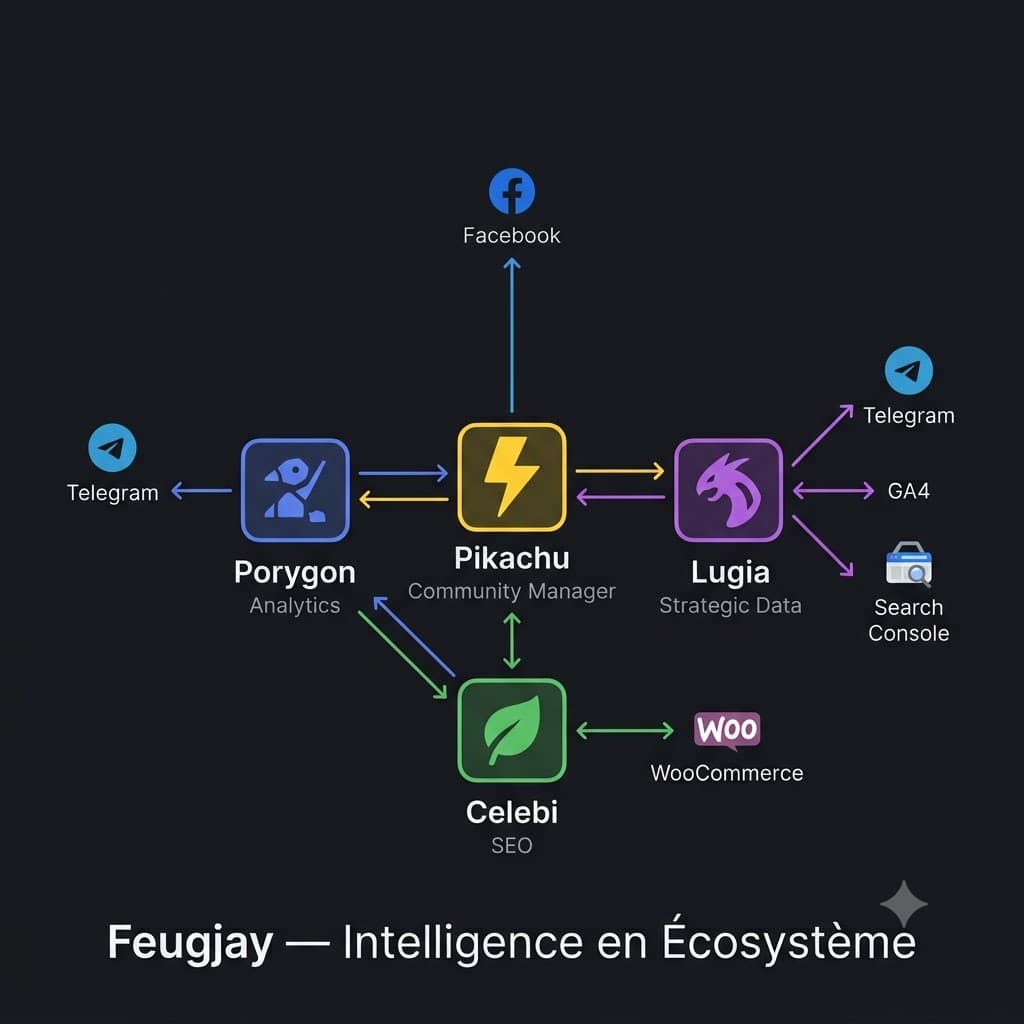 Architecture de l'écosystème — flux entre les 4 agents et les plateformes.